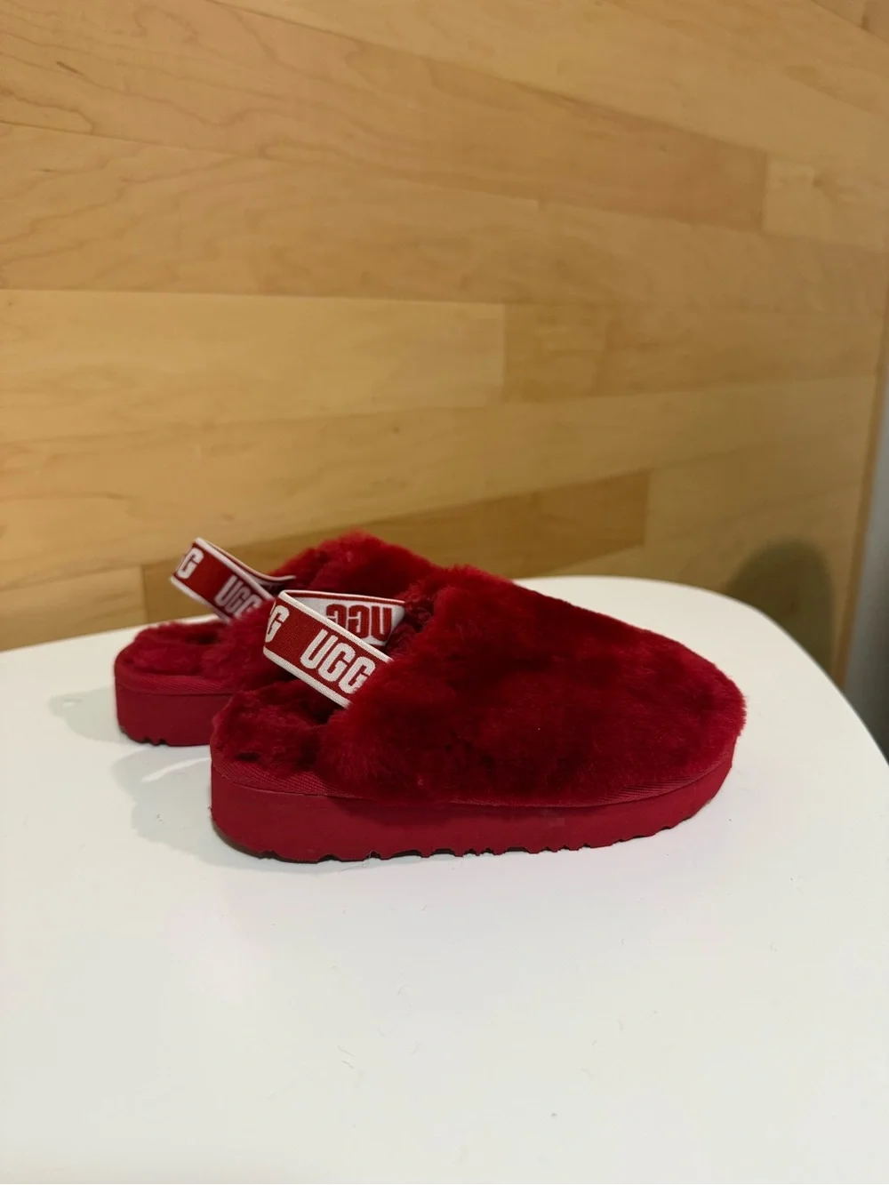 UGG Kids Red Fuzzy Slide Slippers